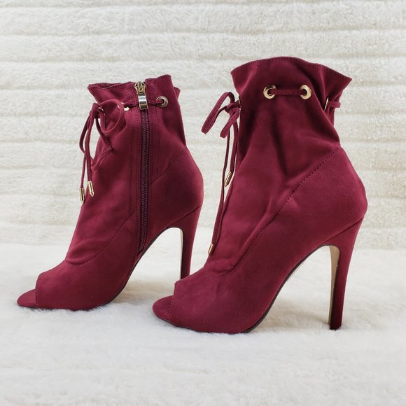 Burgundy Wine Red Drawstring Open Toe High Heel Ankle Boots - Picture 4 of 10